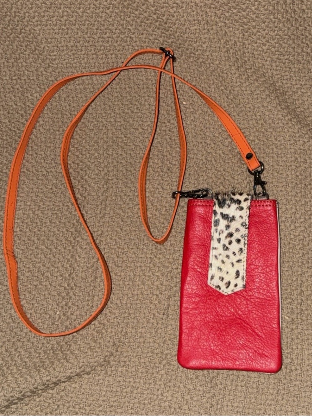 Red Leather Crossbody Phone Pouch with Leopard Accent